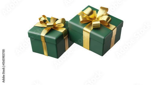 Green gift box with golden ribbon isolated on white background 