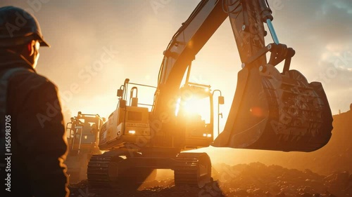 dynamic low angle shot, construction worker operating a large, modern excavator with precision, dust subtly rising, strong sunlight creating dramatic shadows