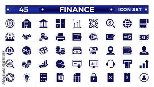 Finance solid icon set. Containing loan, cash, savings, financial goal, profit, budget, mutual fund, earning money, and revenue icons. Outline icons related to management, administration.
