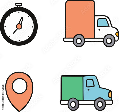 Set of four icons representing delivery services including a stopwatch two trucks and a location pin