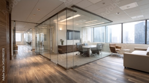 Modern office interior with glass walls conference table and natural light