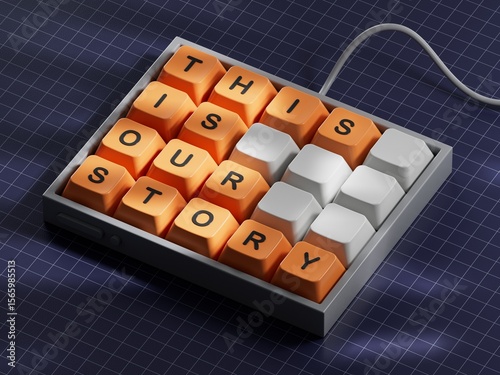 This is our Story symbol. Computer keyboard keys with words This is our Story.Business and This is our Story concept. Copy space.3D rendering on blue background.