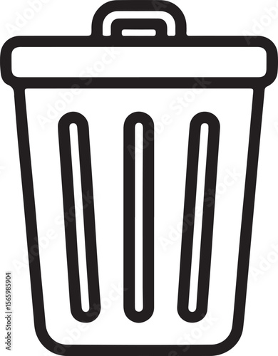 Black and white simple line drawing of a trash can with a handle and vertical slots waste garbage