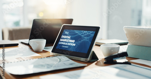 Photos Empty office, tablet and screen for digital marketing, consultation and documents at media company