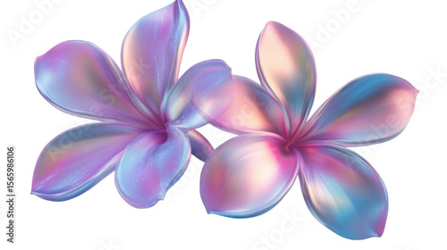 Blue pink frangipani flower fluid holographic iridescent 3D render icon on white background 