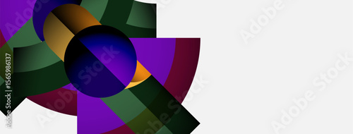 Abstract composition features vibrant overlapping shapes. Purple, green, orange hues dominate design, creating dynamic visual impact. Minimalist style.