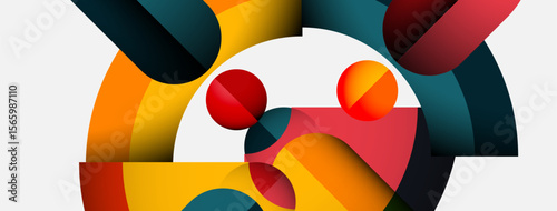 Abstract composition featuring overlapping colorful shapes. Circles, arcs, segments create dynamic visual interest. Modern design, flat illustration.