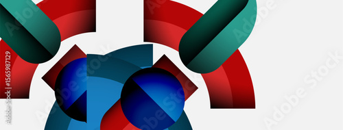 Abstract geometric composition. Shapes overlap, creating dynamic visual interest. Red, blue, green hues dominate design. Minimalist style.