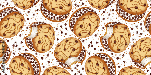 Chocolate Chip Cookie Ice Cream Sandwiches with Crumbs and Chocolate Chips Scattered Seamless Vector Pattern