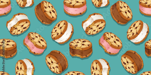 Chocolate Chip Ice Cream Sandwiches Seamless Pattern with Bitten, Whole - Strawberry, Chocolate & Vanilla Flavors