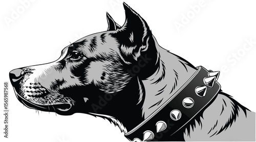 Black and White Dog Head Illustration with Spiked Collar