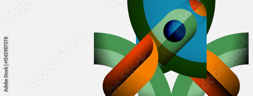 Abstract design features overlapping colorful ribbons. Shapes suggest growth, connection, dynamic movement. Bright hues create visual interest.