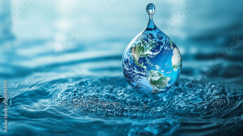 Globe shaped like water drop hovers above rippling water, symbolizing global water conservation and environmental awareness. image evokes sense of urgency and hope