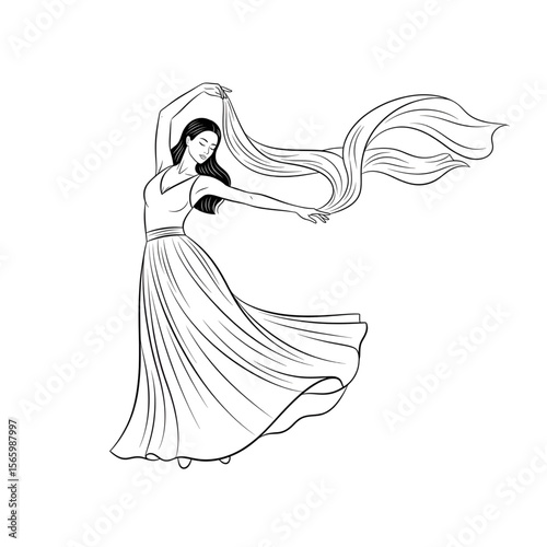 Dancing Woman with Flowing Scarf – Minimalist Line Art