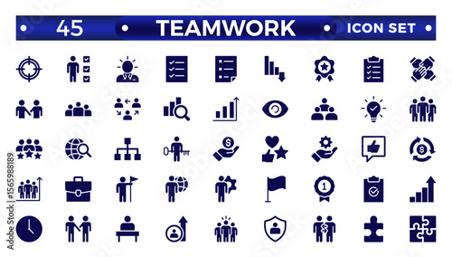 Solid icons related to management, administration, supervision, leadership, business, and governance. Solid icon collection. Teamwork icon collection.
