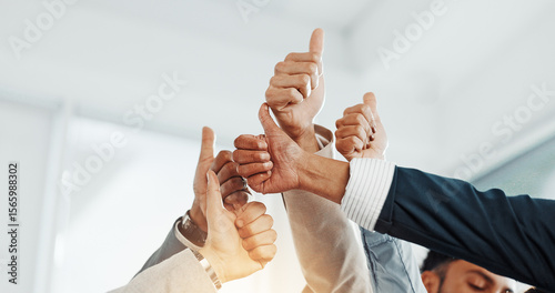 Photos Hands, goal or business people with thumbs up in office for good job, company or well done