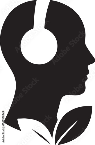 Silhouette of a human head wearing headphones symbolizing mental escape, relaxation, and music therapy healing.