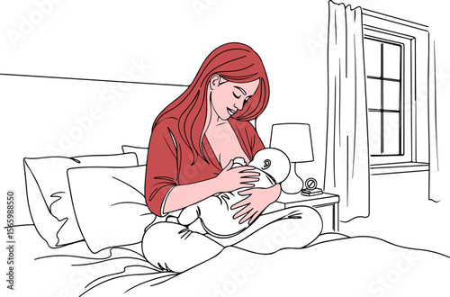 Mother Breastfeeding Baby in Bedroom – Line Art Illustration