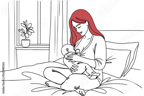 Mother Breastfeeding Baby in Bedroom – Line Art Illustration
