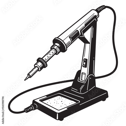 Black and white illustration of a soldering iron and stand for electronic repairs