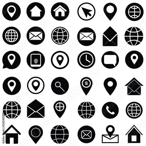 Communication Symbols in Black and White Icons Grid with House Globe Email and Telephone.