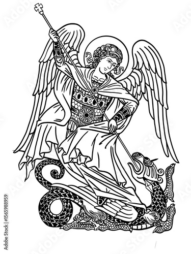 a black line art illustration of the Archangel Michael, depicted in a classic pose of striking down a dragon or serpent with a spear. 