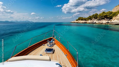 Shot from a boat, the turquoise water and cloud filled blue sky offers a serene backdrop. The boat's wooden deck and the coastline with lush trees add depth to this scenic shot