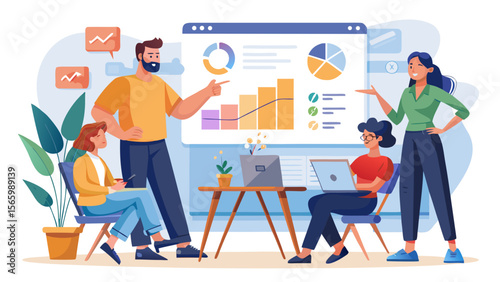 Team presenting data at a business meeting illustration