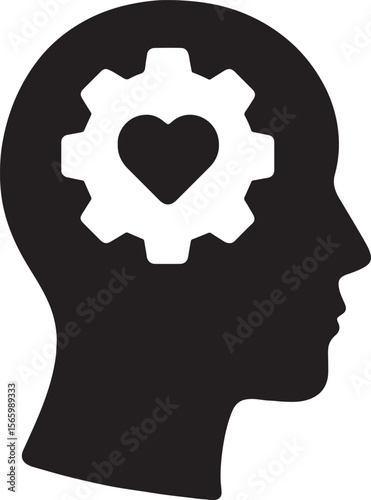 Silhouette of a human head with gear inside representing mental process, thinking, strategy, and problem solving.