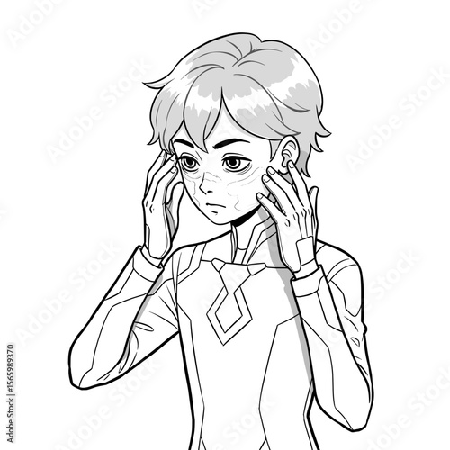 Young boy touching his head with a concerned expression in line art  