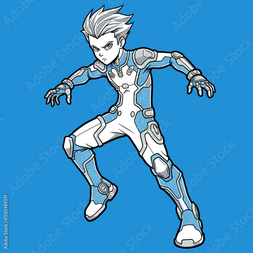 Young boy in futuristic suit posing against blue background  