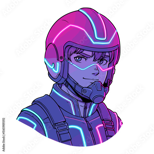 Futuristic male character wearing neon helmet with visor  