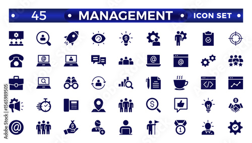 Solid icons related to management, administration, supervision, leadership, business, and governance. Solid icon collection. Management icon collection.
