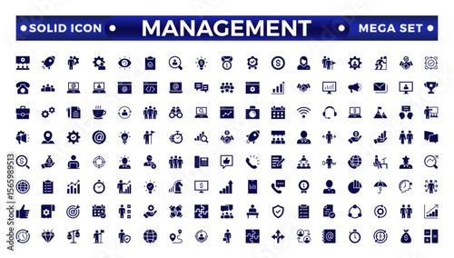 Solid icons related to management, administration, supervision, leadership, business, and governance. Solid icon collection. Management icon collection.

