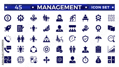 Solid icons related to management, administration, supervision, leadership, business, and governance. Solid icon collection. Management icon collection.
