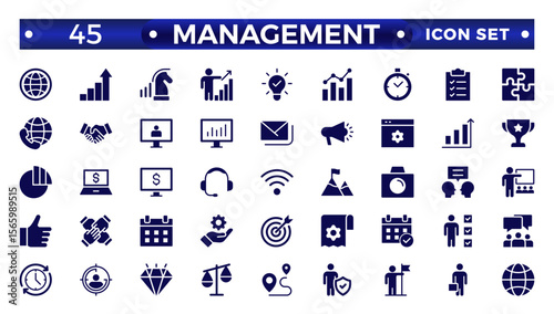 Solid icons related to management, administration, supervision, leadership, business, and governance. Solid icon collection. Management icon collection.
