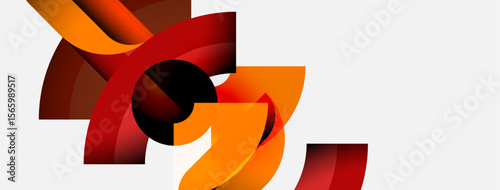 Abstract shapes, orange, red hues dominate composition. Dynamic curves create flowing visual interest. Minimalist design, modern aesthetic.