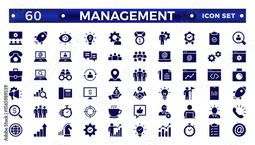 Solid icons related to management, administration, supervision, leadership, business, and governance. Solid icon collection. Management icon collection.
