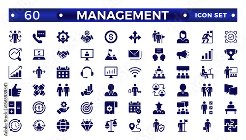 Solid icons related to management, administration, supervision, leadership, business, and governance. Solid icon collection. Management icon collection.
