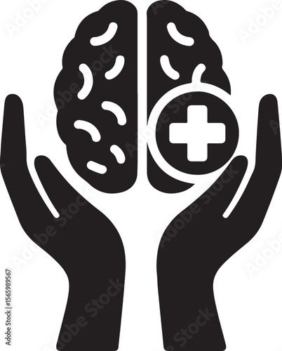 Silhouette of hands gently holding a brain symbolizing mental health, protection, care, and emotional well-being.