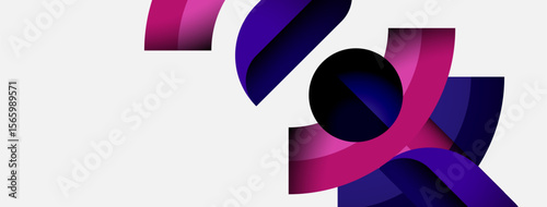 Abstract design features curved shapes, vibrant pinks, purples, dark center. Modern aesthetic, minimalist composition, clean lines present.
