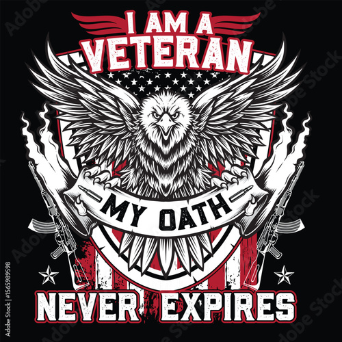 Powerful USA Army veteran design featuring a fierce eagle with wings spread, holding a banner that says "My Oath" above rifles and American flag elements—perfect for Veterans Day tribute art.