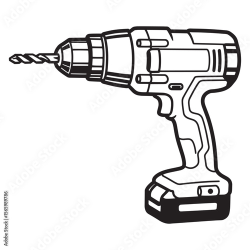 Detailed black and white illustration of a cordless electric drill for construction purposes