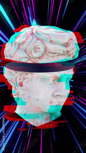 Animation of antique sculpture head over light trails
