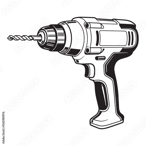 Detailed black and white vector illustration of a cordless electric drill for construction