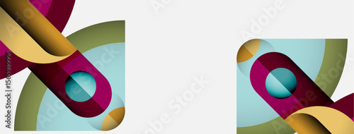 Abstract design features colorful ribbons, circles, squares. Modern composition with overlapping shapes, vibrant hues, clean aesthetic.