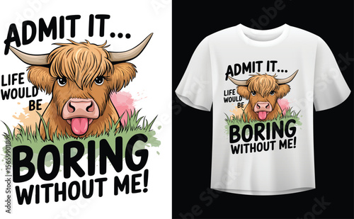 Funny Highland Cow T-Shirt Design Cute Animal Humor Vector Art Illustration