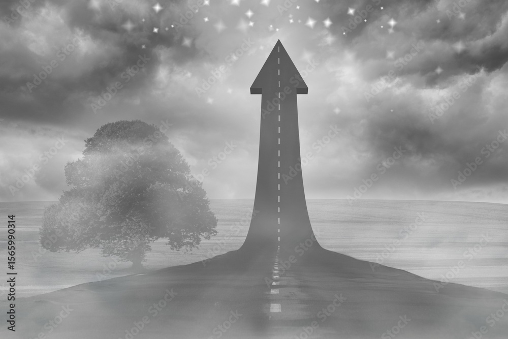 Fototapeta premium Asphalt road is morphing into upward arrow in surreal grayscale design with fog, tree, stars