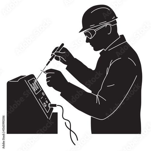 Engineer performing scientific experiment with equipment in a modern laboratory in black and white