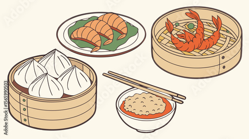 Vector Set of Asian Food Dishes Including Dumplings, Tempura, and Curry Rice